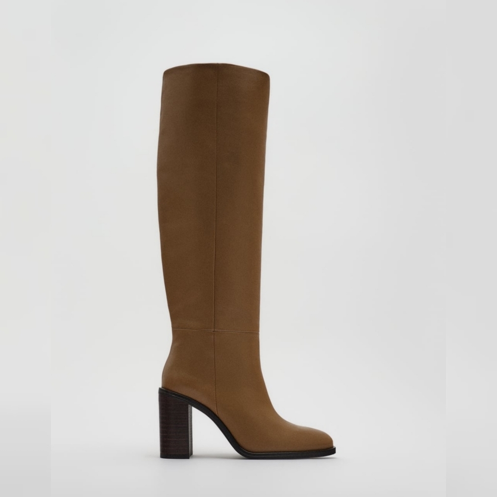 Zara Knee High Heeled Leather Boots Brown Bloggers Favorite NWT - Picture 6 of 14
